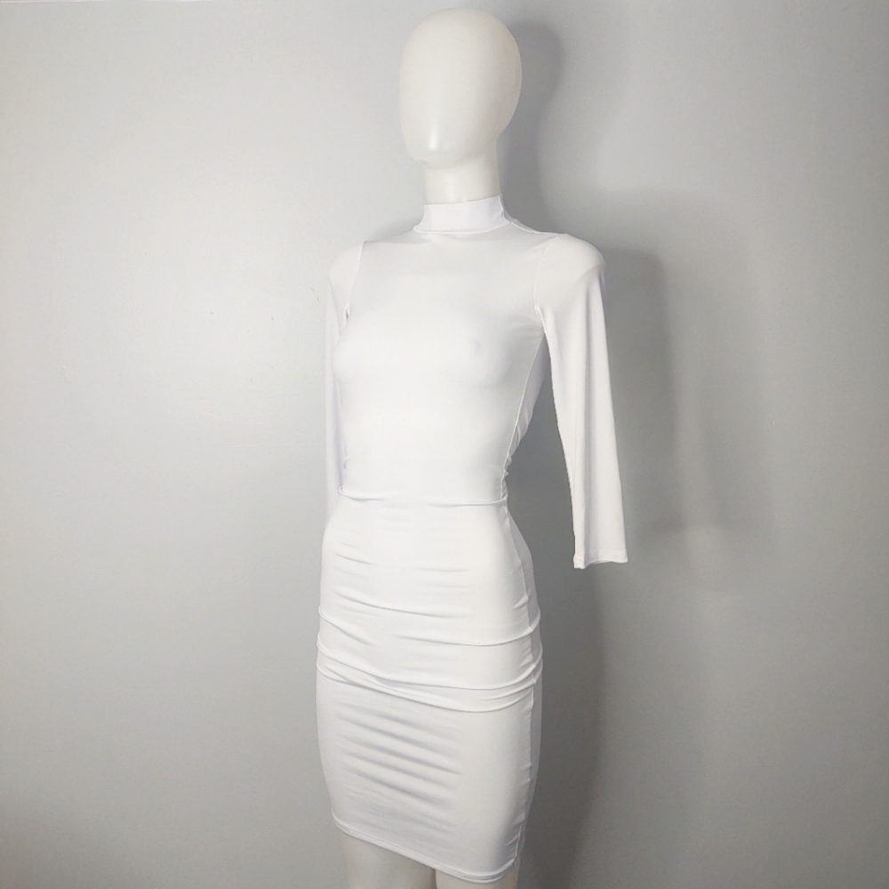 White High Neck Elbow Sleeve BodyCon Dress With Slit In Back